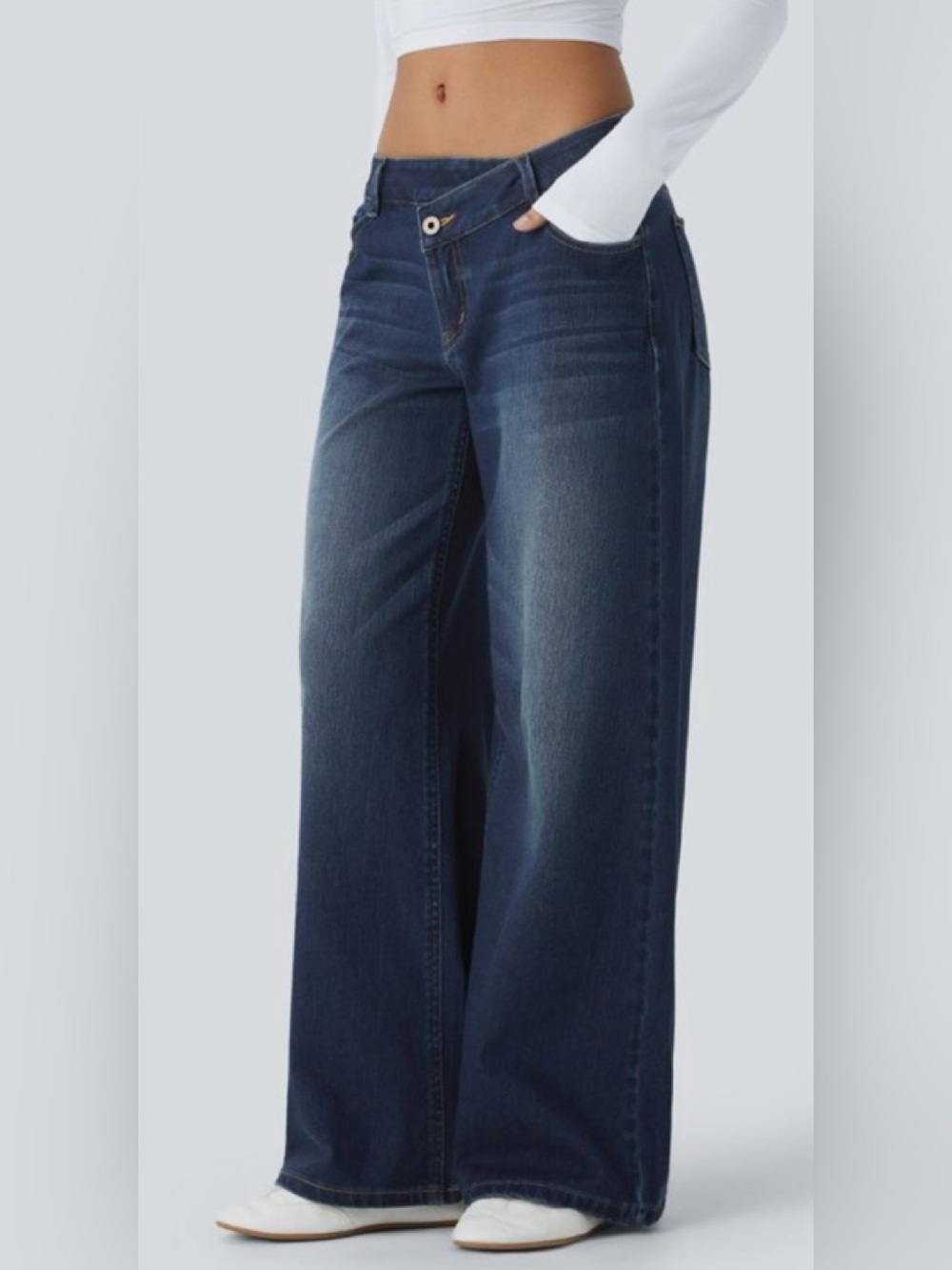 Halara Flex Asymmetric Low Rise Zipper Pockets Baggy Wide Leg Med regular